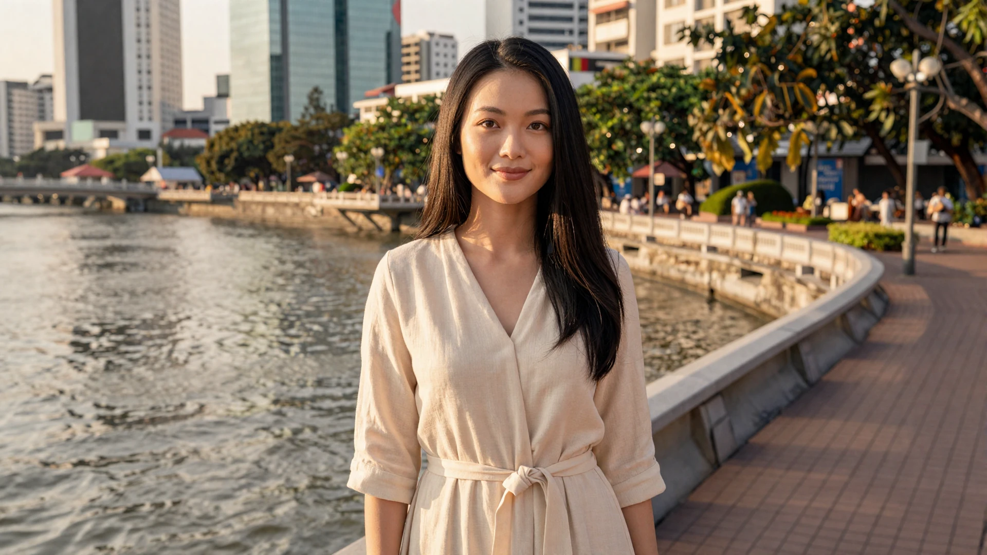 Beautiful Vietnamese woman standing by Ho Chi Minh City riverside at golden hour seeking romance online