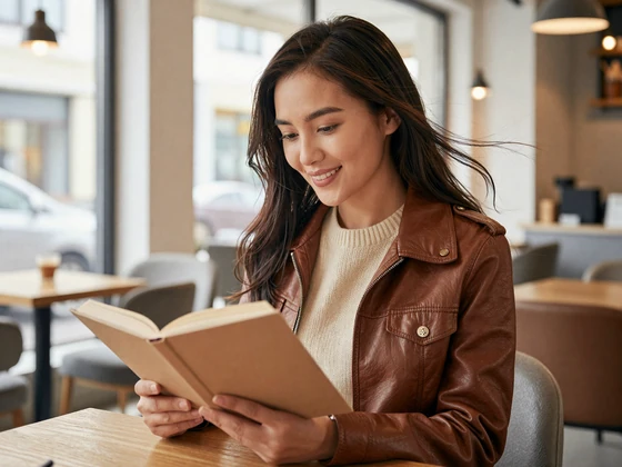 Mongolian woman enjoying coffee and reading at a modern cafe in Ulaanbaatar with warm natural light