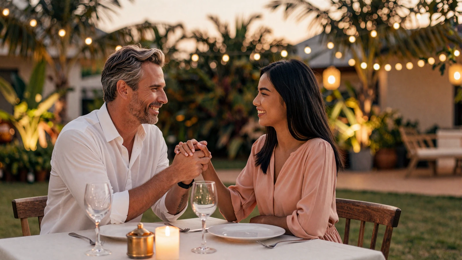 Happy interracial couple sharing a romantic outdoor dinner with warm golden lighting and tropical garden ambiance