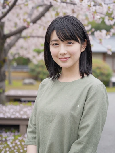Nanami, 24-year-old Japanese woman from Osaka in a sage green top in a cherry blossom garden interested in cross-cultural dating