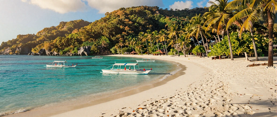Stunning Philippine tropical beach with crystal clear waters and traditional bangka boats at golden hour