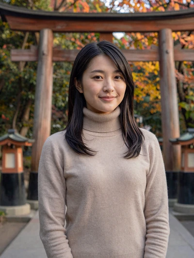 Haruka, 27-year-old Japanese woman from Kyoto in a beige turtleneck near a torii gate looking for lasting love