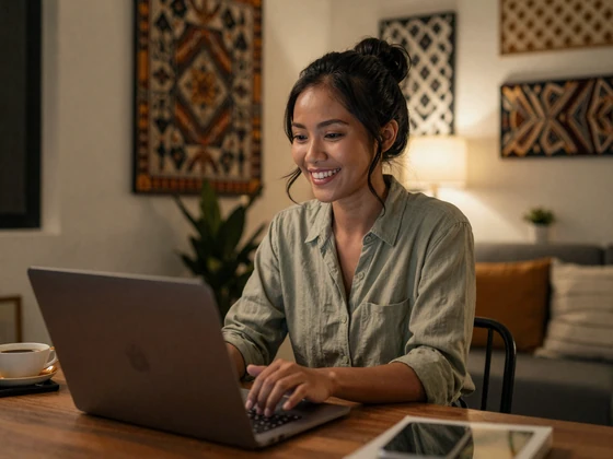 Indonesian woman smiling during a video call from her apartment with batik wall art