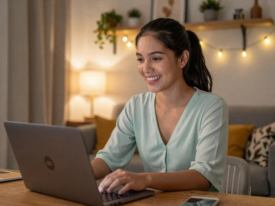 Filipina woman happily video calling with a potential match from her Manila apartment