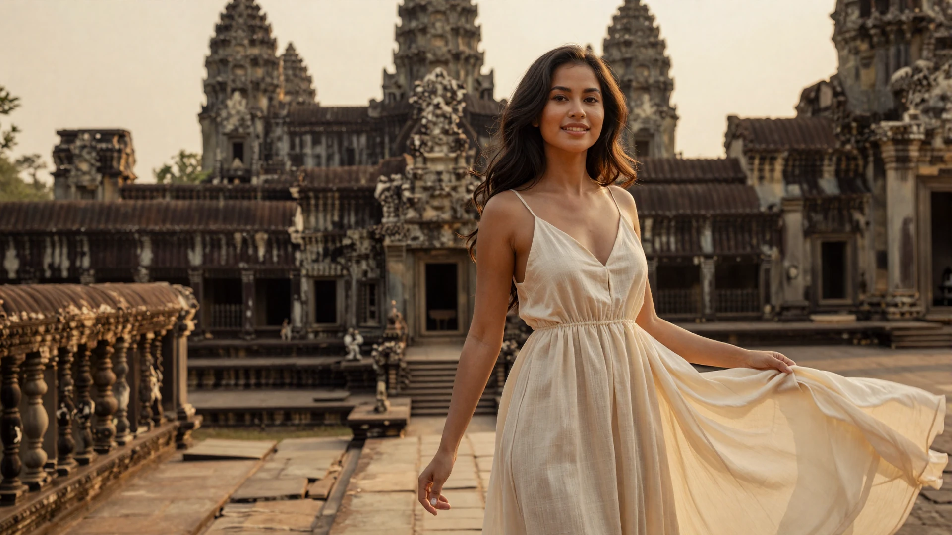 Beautiful Cambodian woman in an elegant cream dress standing near Angkor Wat temple at golden hour sunset