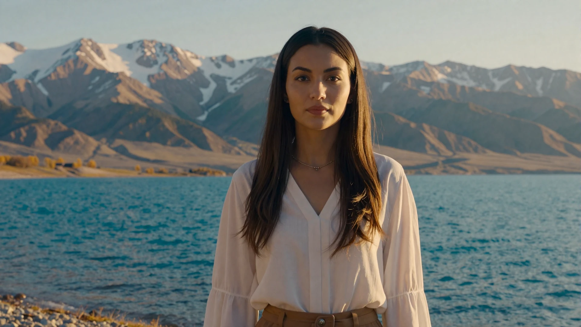Beautiful Kyrgyz woman standing by the shores of Issyk-Kul lake with Tien Shan mountains at golden hour