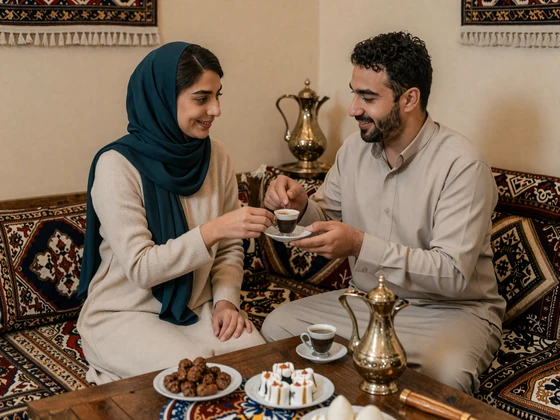 Western man and Jordanian woman sharing traditional Arabic coffee and sweets in a warmly decorated Jordanian home