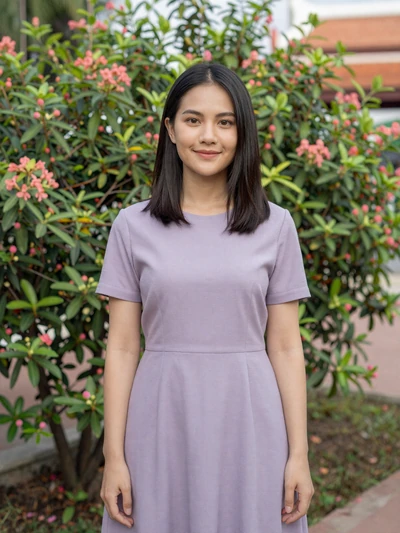 Sirin, 27-year-old Thai woman from Chiang Mai in a tropical garden seeking genuine partnership