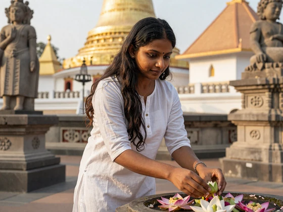 Sri Lankan woman offering lotus flowers at a serene Buddhist temple in Kandy