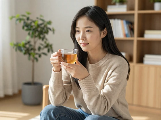 Korean peninsula woman relaxing at home with tea in a warm sunlit living room