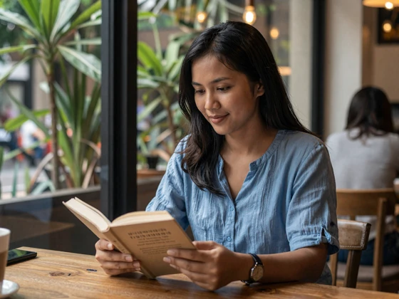 Indonesian woman reading at a modern Jakarta cafe in casual blue attire with tropical plants