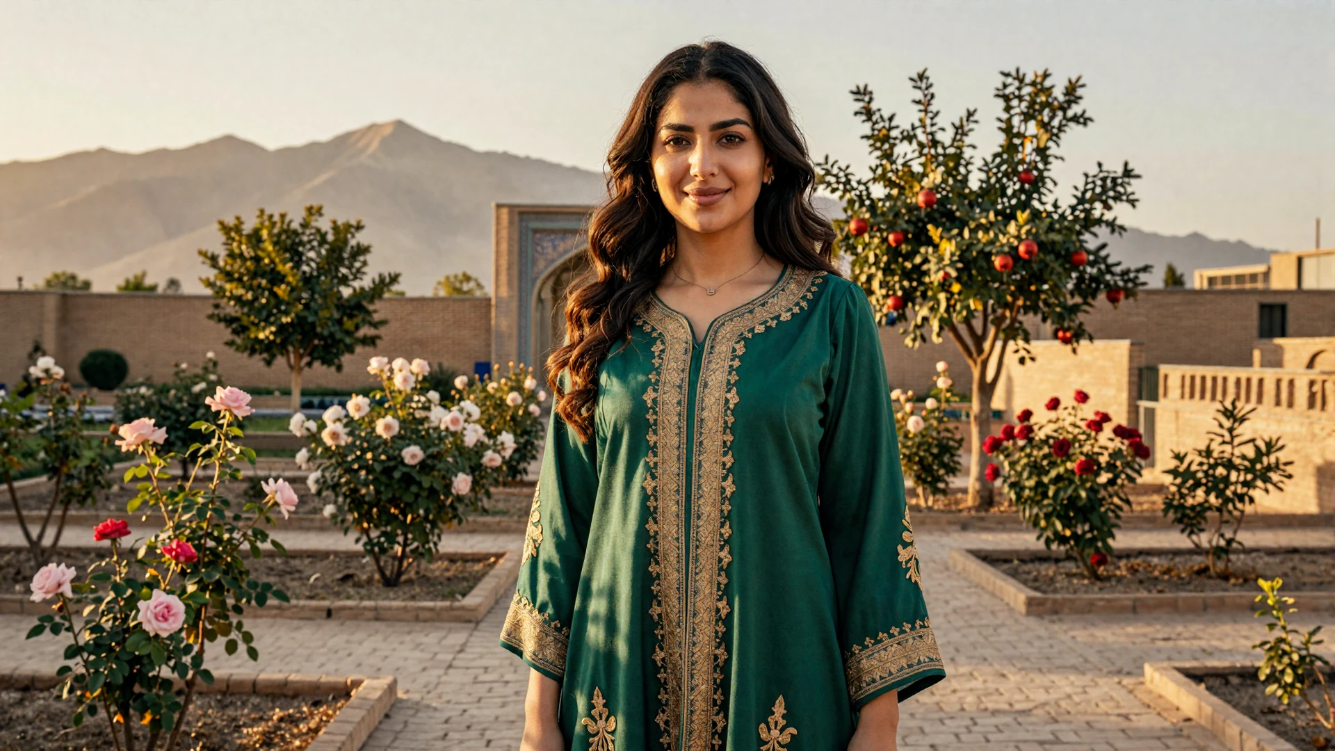Beautiful Afghan woman in an elegant embroidered dress standing in a traditional garden with mountains in the background at golden hour