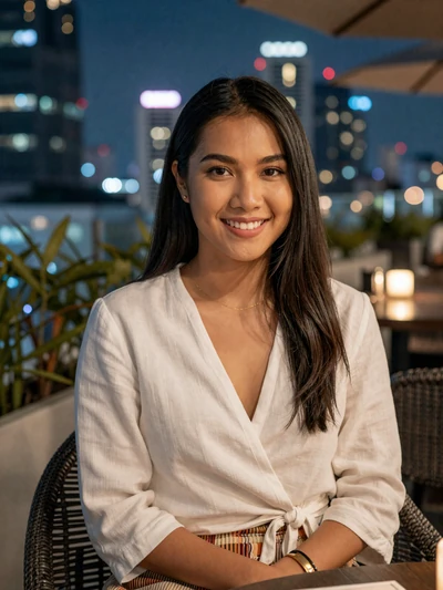 Nari, 29-year-old Thai woman from Bangkok at rooftop restaurant seeking meaningful connection