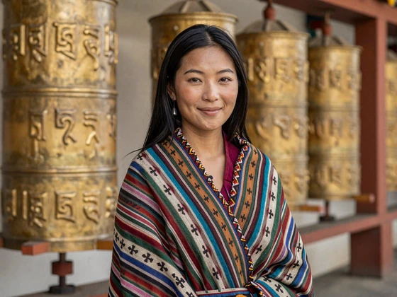Bhutanese woman in traditional kira dress near Buddhist prayer wheels in Thimphu