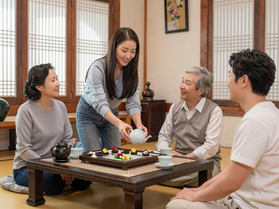 Korean family gathering at home showing traditional Confucian family values and warm hospitality