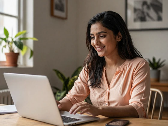 Bangladeshi woman video chatting with a potential match from her Dhaka apartment