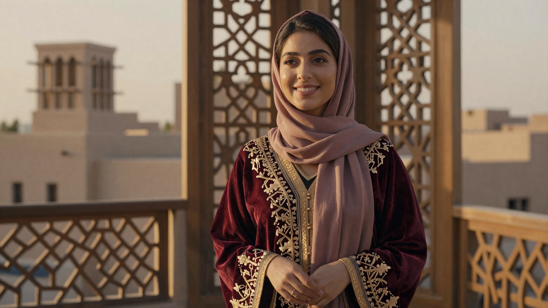 Beautiful Yemeni woman in an elegant embroidered dress standing on a terrace with traditional Yemeni architecture at golden hour