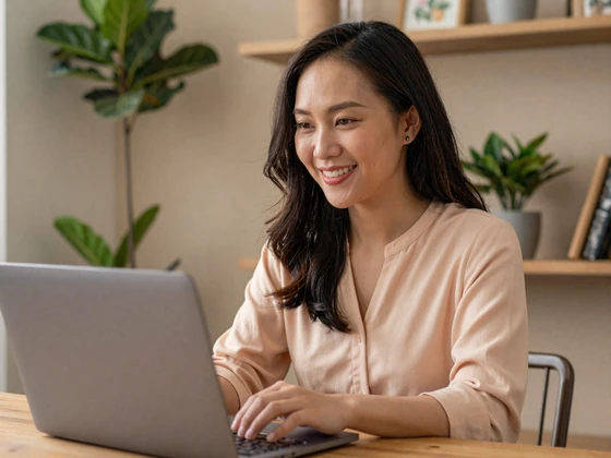 Vietnamese woman video chatting with her international match from her Hanoi apartment