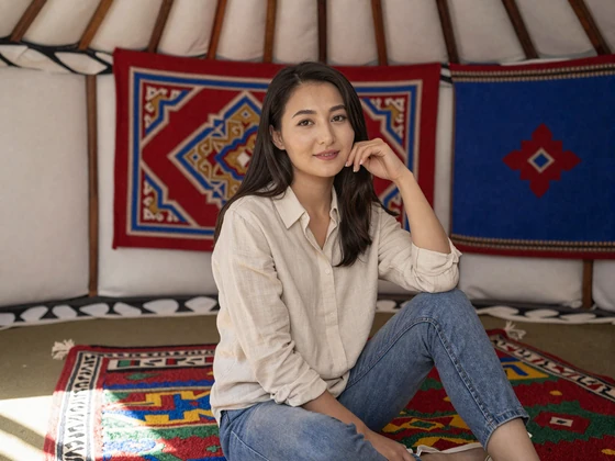Kyrgyz woman sitting inside a traditional yurt with colorful shyrdak felt carpets and warm natural light