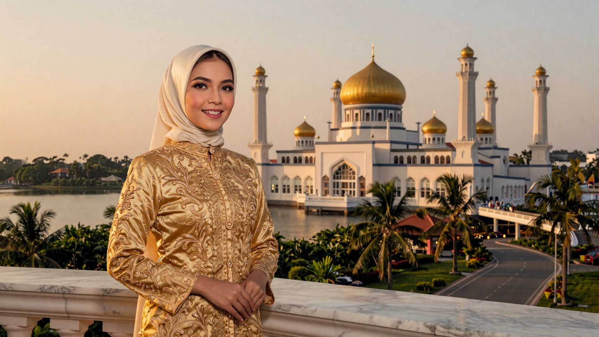Elegant Bruneian woman in golden baju kurung standing on a terrace overlooking Bandar Seri Begawan's golden mosque domes at sunset