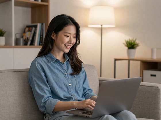 Korean woman video chatting with a potential match from her modern Seoul apartment