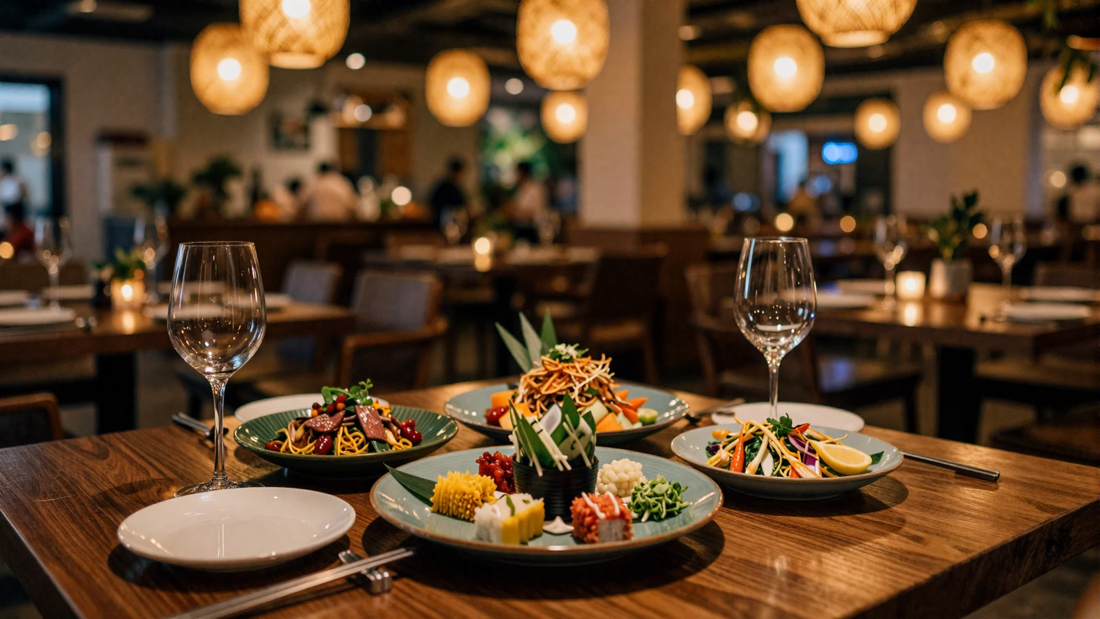 Romantic Asian dinner spread with Thai, Korean, and Japanese dishes on a candlelit table at an upscale restaurant