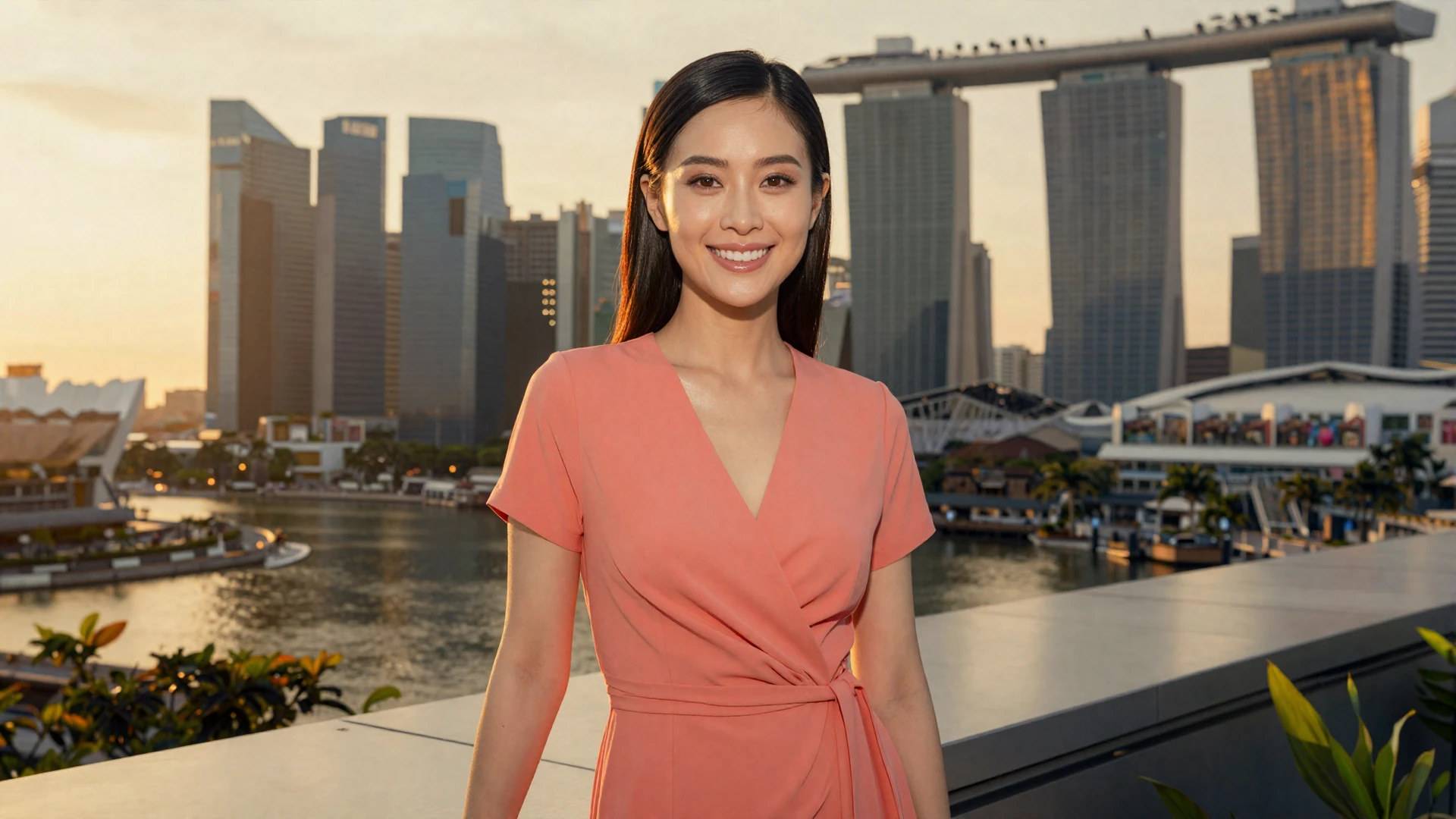 Beautiful Singaporean woman in elegant dress standing with Singapore Marina Bay skyline at golden hour