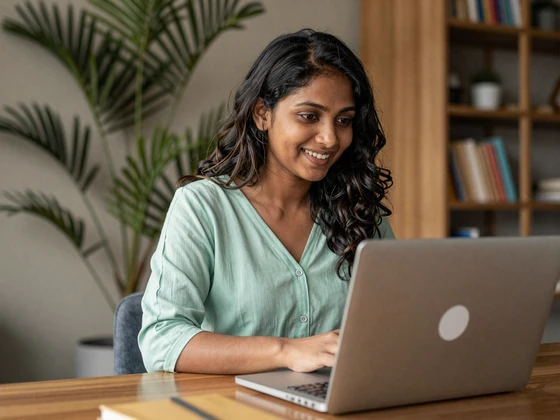 Sri Lankan woman video chatting with a potential match from her modern Colombo apartment