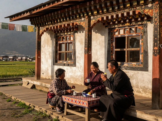 Traditional Bhutanese family sharing butter tea at their painted wooden home in Paro valley