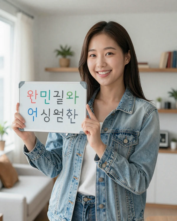 Smiling Korean woman holding a whiteboard with colorful Hangul characters in a bright modern apartment