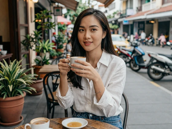 Vietnamese woman enjoying traditional coffee at a Ho Chi Minh City sidewalk cafe