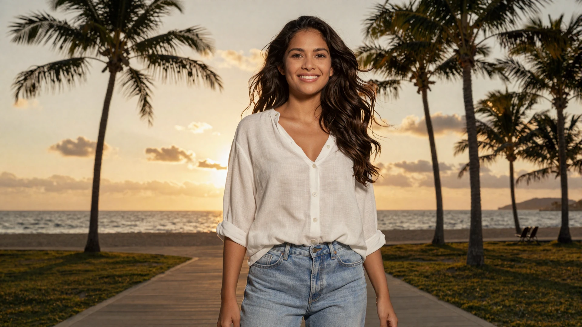 Beautiful Filipina woman smiling warmly on a tropical Philippine beachfront at golden hour