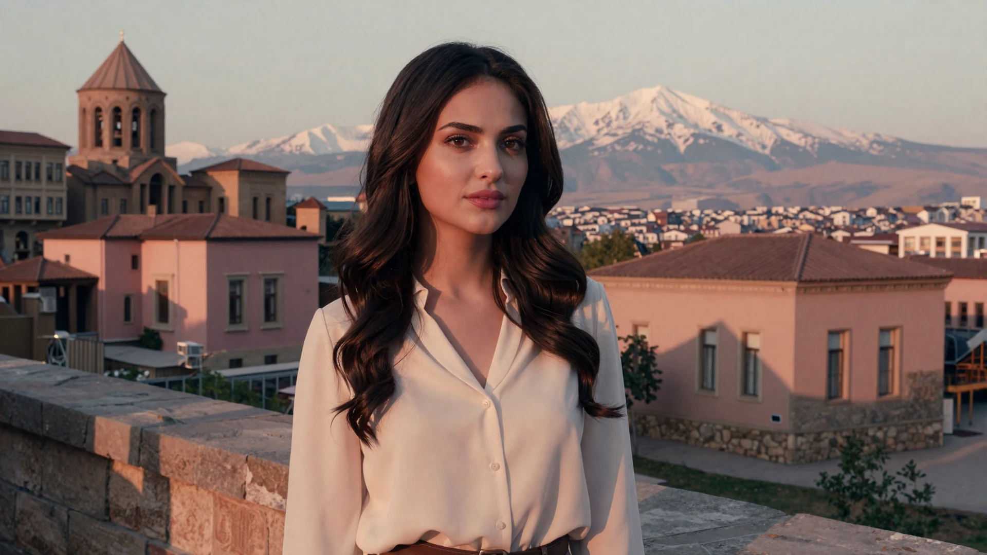 Beautiful Armenian woman standing on a terrace overlooking Yerevan with Mount Ararat in the golden hour background