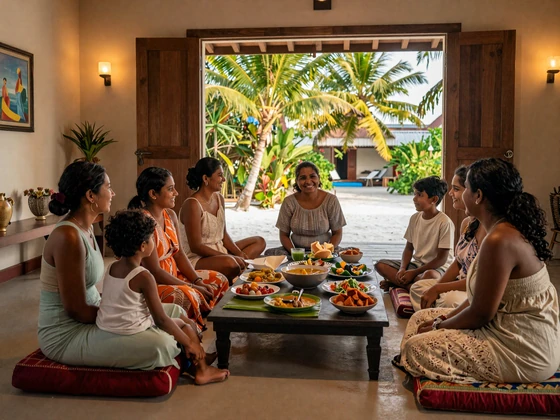 Maldivian family sharing a traditional meal together at a local island home