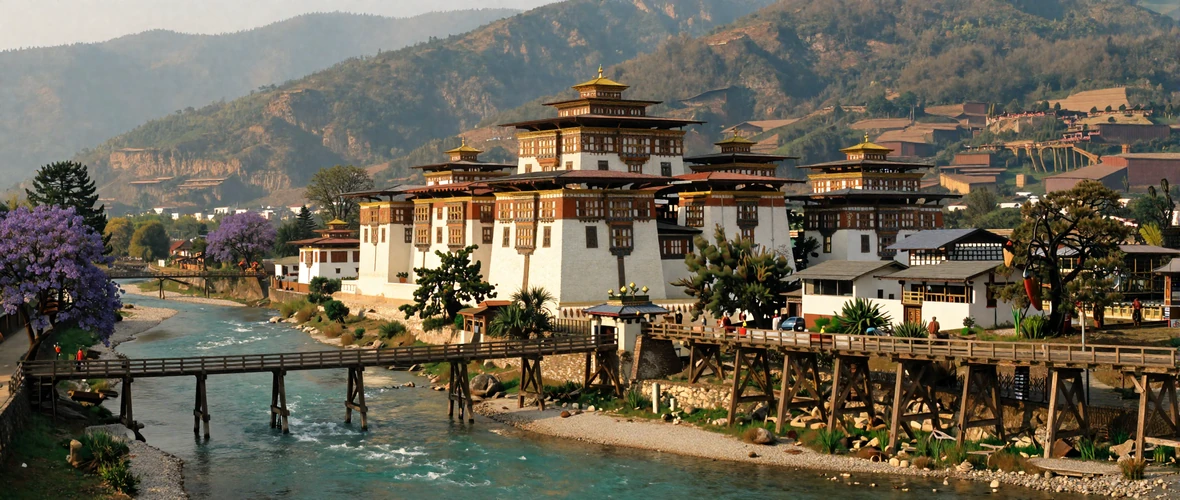 Majestic Punakha Dzong at the confluence of two rivers surrounded by subtropical Bhutanese valley