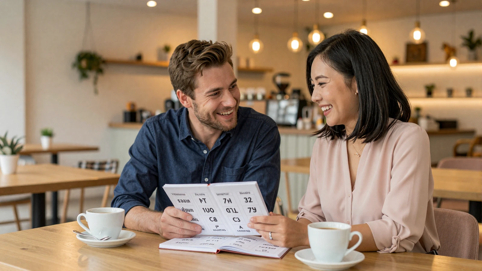 Couple sitting in a modern cafe as she teaches him Asian language phrases from a notebook with warm golden lighting