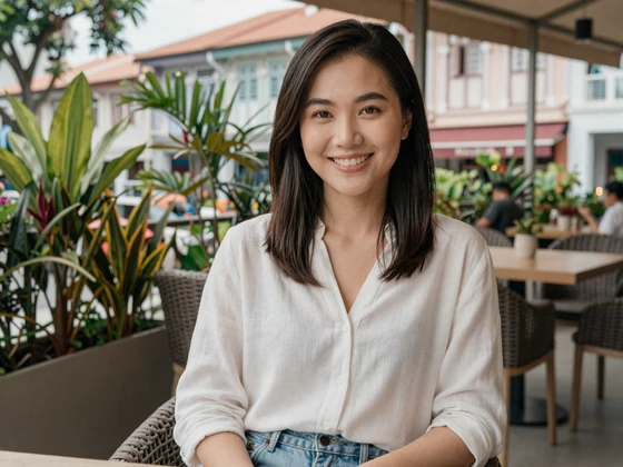 Singaporean woman enjoying coffee at a modern cafe terrace with tropical greenery and shophouses