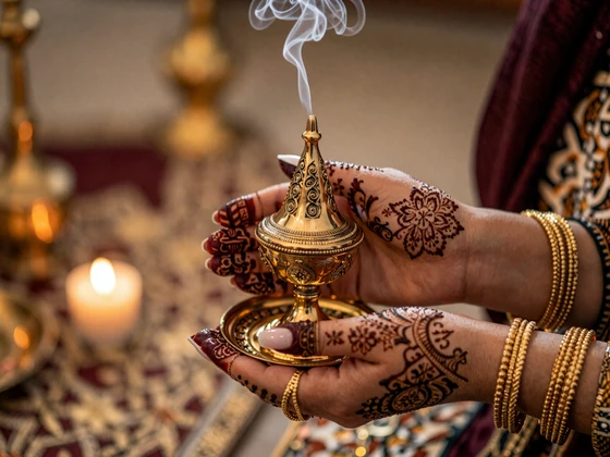 Intricate henna designs on a Yemeni woman's hands with gold bangles during a traditional wedding celebration