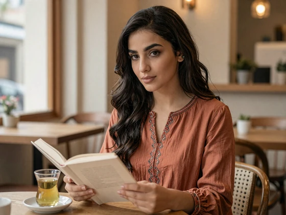 Afghan woman reading at a cafe while enjoying traditional green tea in a warm casual setting
