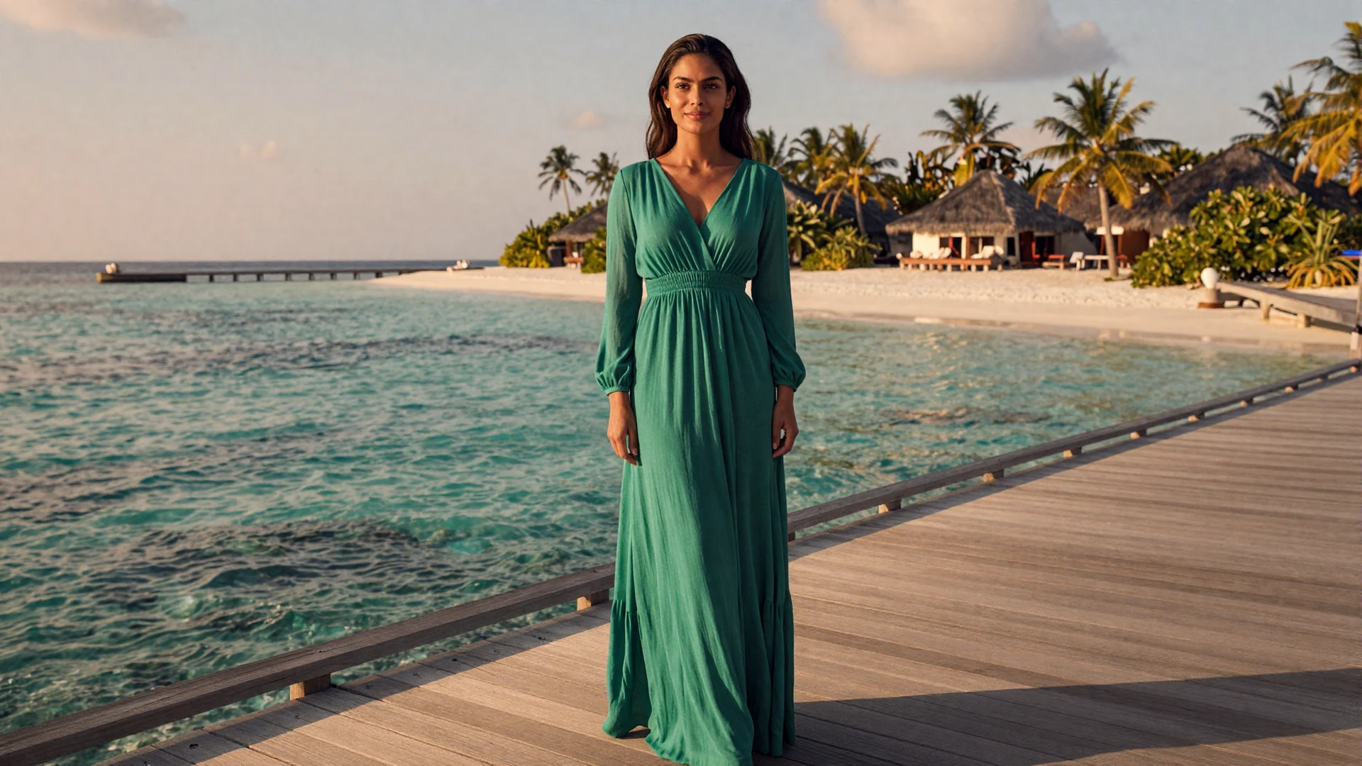 Beautiful Maldivian woman on an overwater deck in the Maldives at golden hour seeking love online
