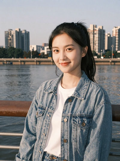 Jing, 25, from Guangzhou - young Chinese woman in casual denim jacket at riverside promenade