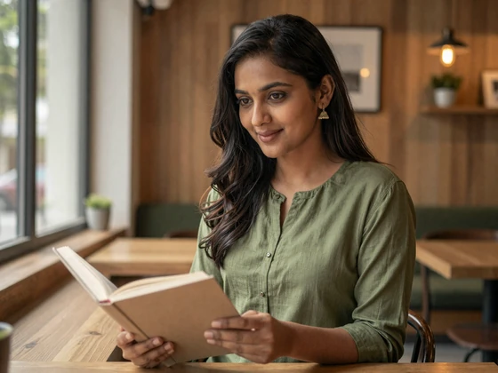 Indian woman in casual olive kurta reading at a modern cafe in warm natural light