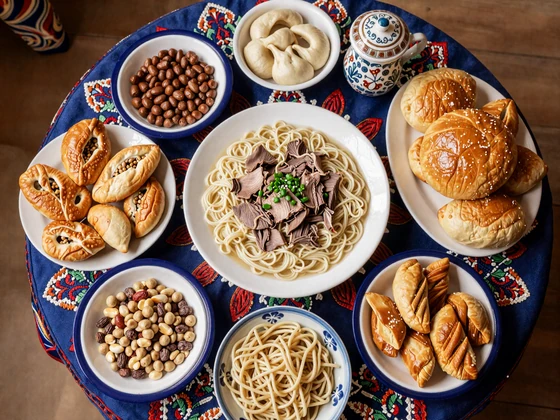Traditional Kazakh dastarkhan table spread featuring beshbarmak, baursak, dried fruits, and tea ceremony