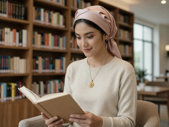 Educated Bruneian woman reading in a modern library setting, reflecting the high literacy and culture of Brunei