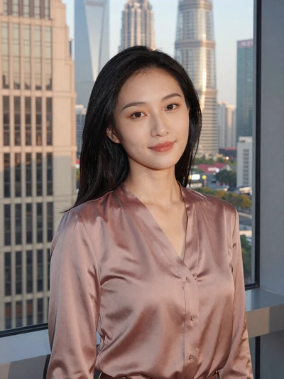 Yue, 27-year-old Chinese woman from Shanghai in a rose blouse by a window with city skyline seeking meaningful relationship