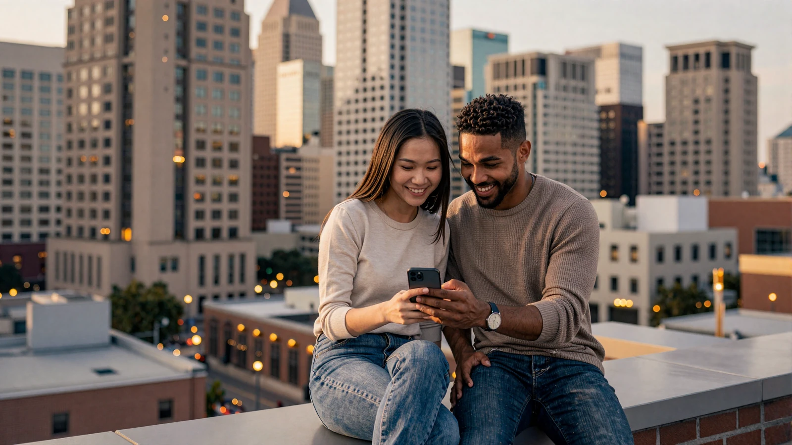 Happy interracial couple browsing an Asian dating app together overlooking a modern city at golden hour