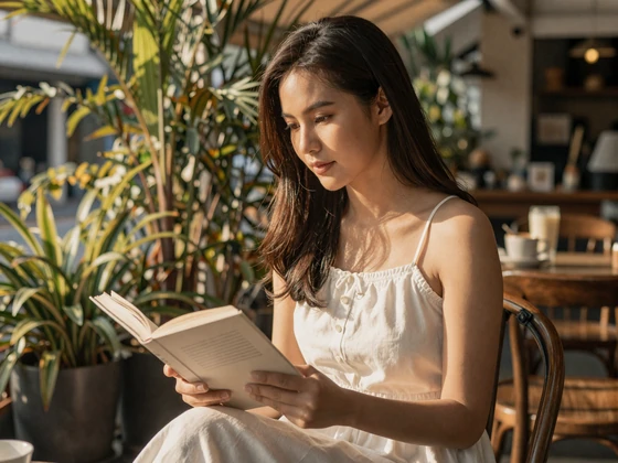 Thai woman enjoying afternoon reading at a Bangkok cafe in casual white attire