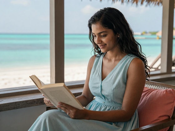 Maldivian woman reading at a beachside cafe in Malé wearing light blue modest attire
