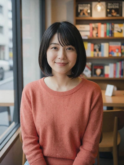 Mika, 29-year-old Japanese woman in a cozy Osaka bookshop cafe