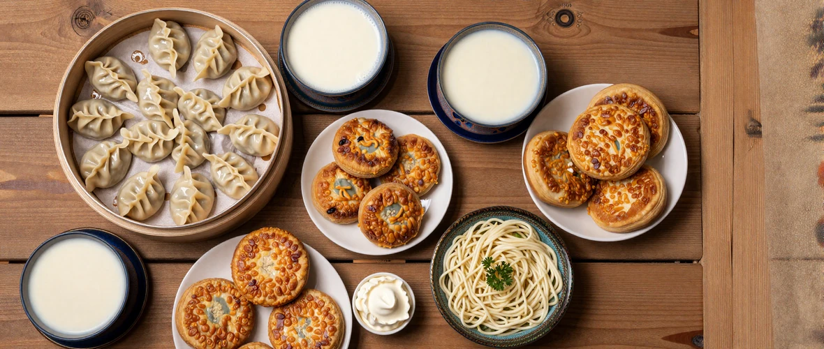 Traditional Mongolian feast spread with buuz dumplings, khuushuur, tsuivan noodles, airag, milk tea and boortsog